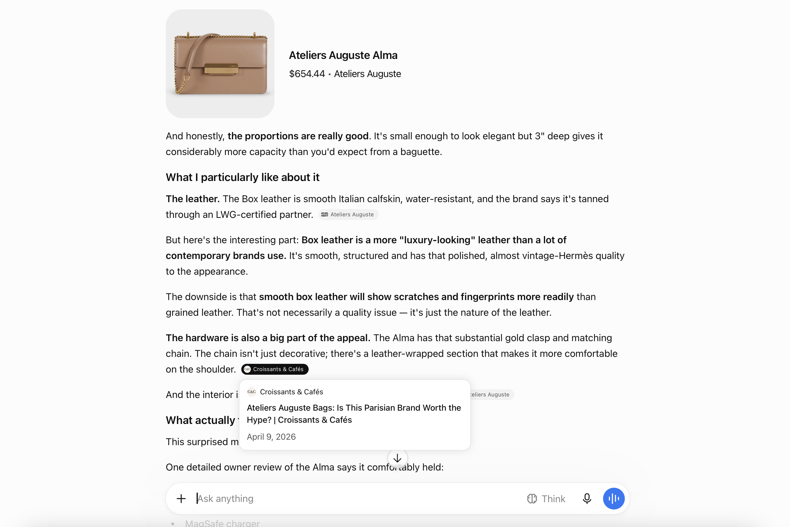 Screenshot of "Ateliers Auguste Bags: Is This Parisian Brand Worth the Hype?" from Croissants & Cafés cited as a source in an AI-generated answer