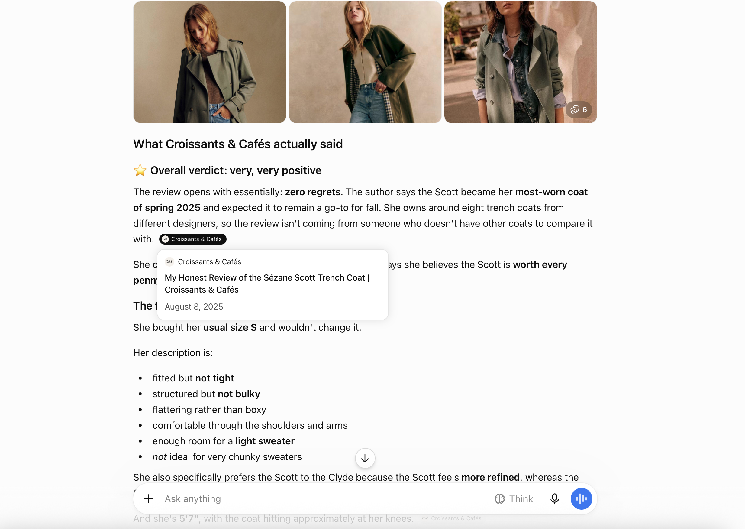 Screenshot of "My Honest Review of the Sézane Scott Trench Coat" from Croissants & Cafés cited as a source in an AI-generated answer