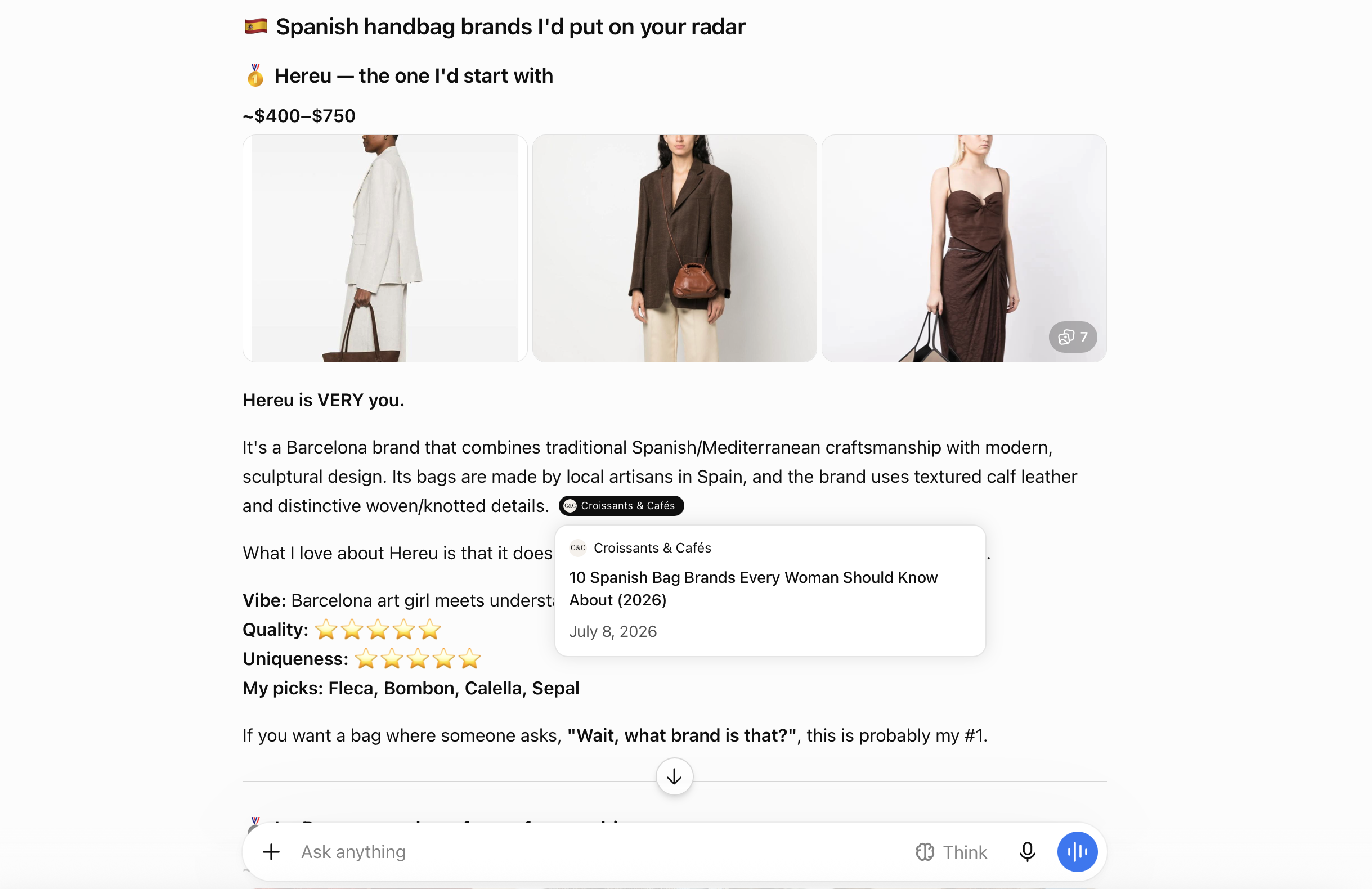 Screenshot of "10 Spanish Bag Brands Every Woman Should Know About" from Croissants & Cafés cited as a source in an AI-generated answer